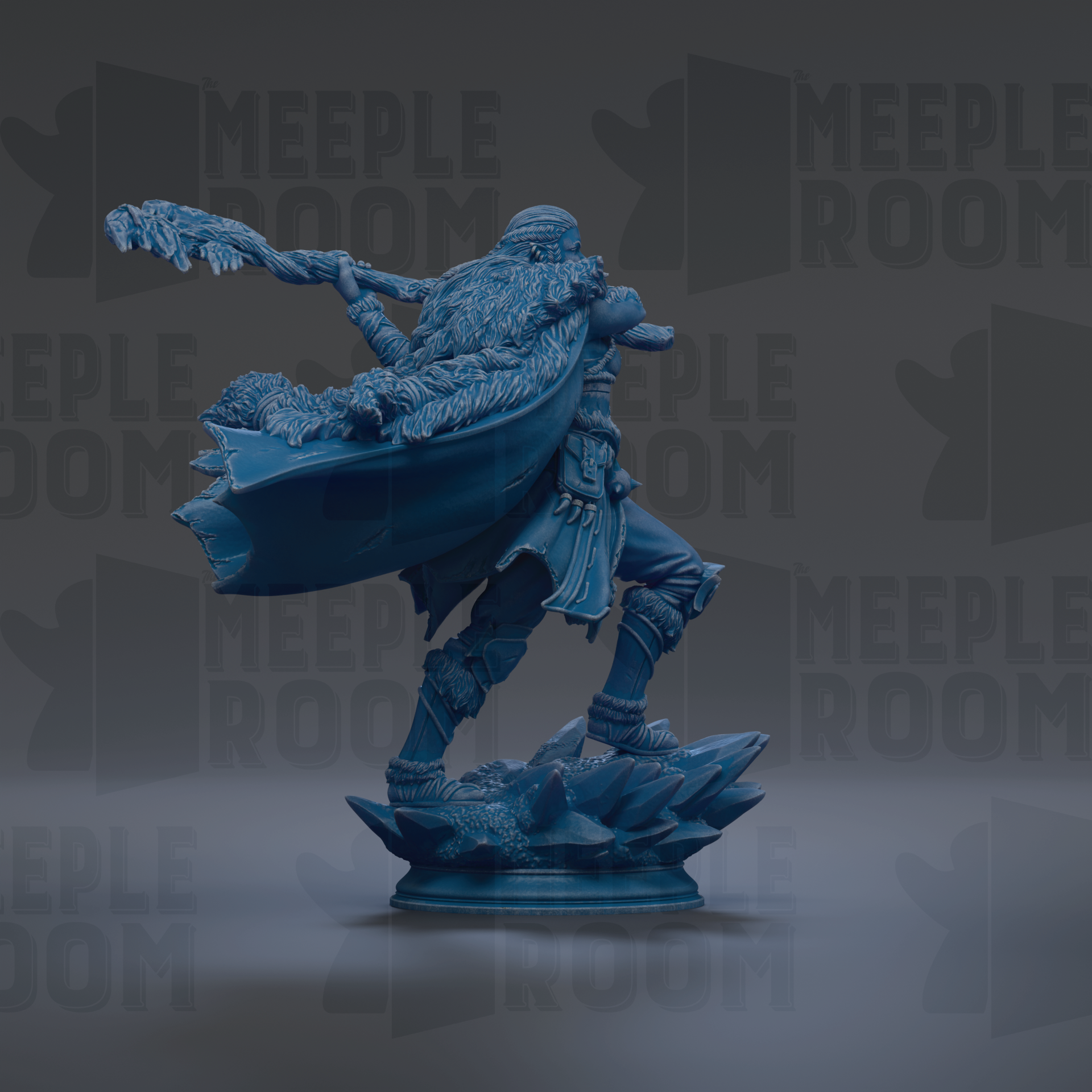 A blue, 3D-rendered statue of a figure with a long beard and a flowing cape, standing on a pedestal.
