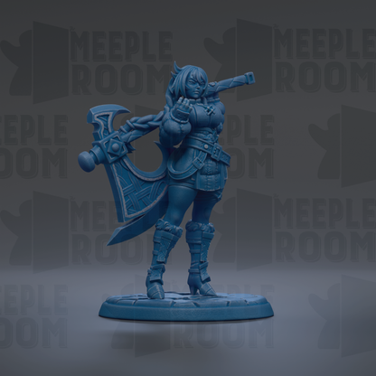 A blue figurine of a female character with a sword and shield, standing on a base and holding a shield in her right hand.