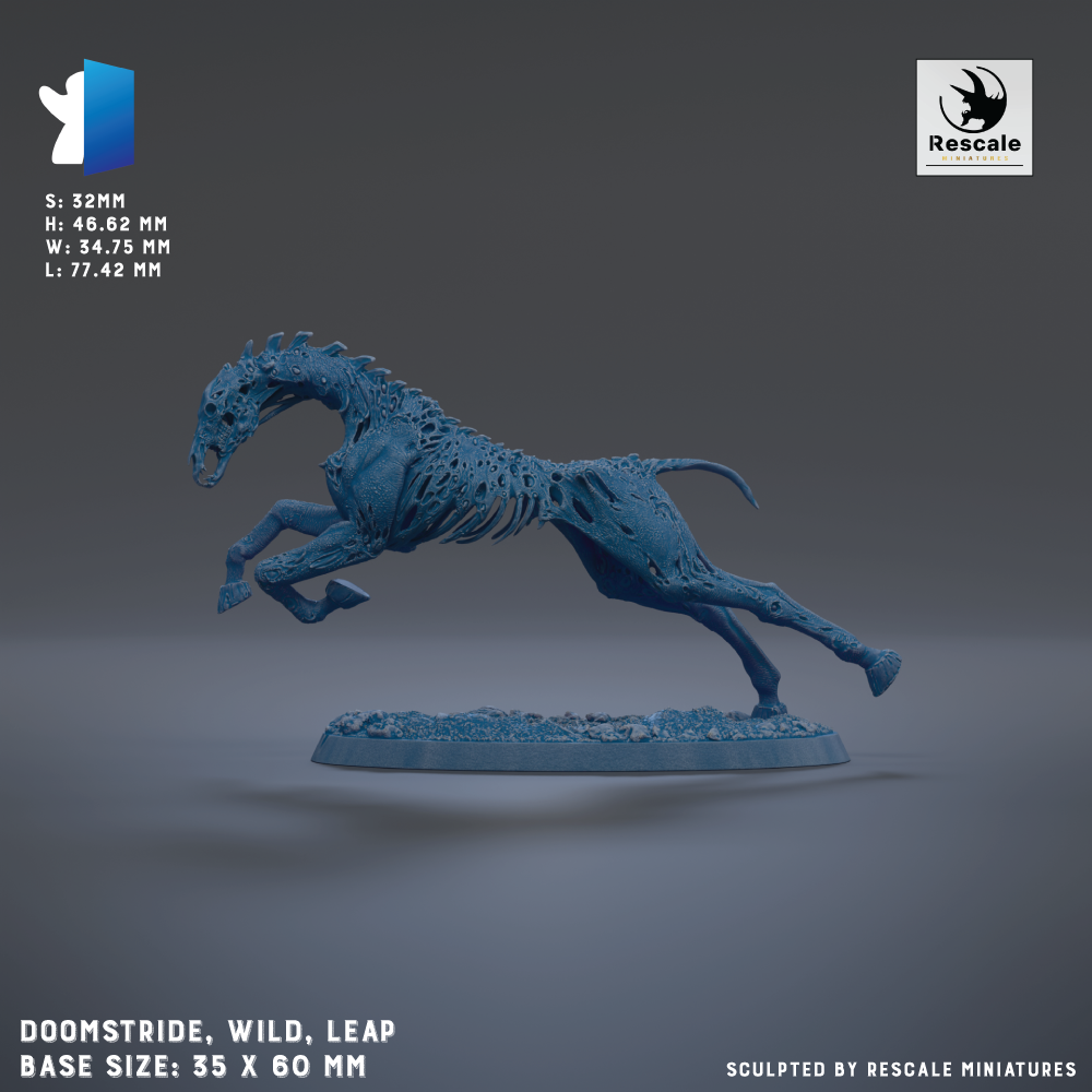 A 3D model of a blue, skeletal horse statue is shown in a dynamic pose, leaping forward. The base size of the statue is 35 x 60 mm.