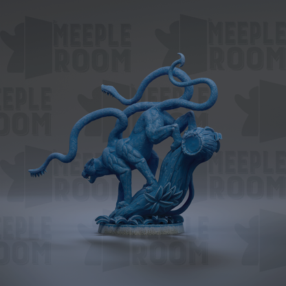 A blue, abstract sculpture with a snake-like form and a plant-like element, set against a dark background with repeated text.