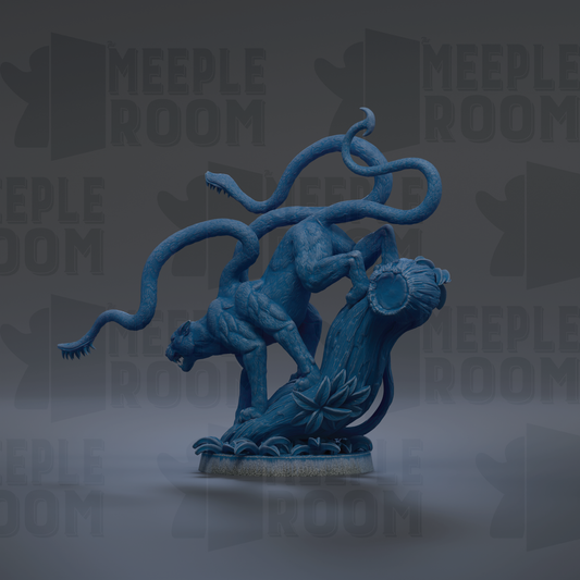 A blue, abstract sculpture with a snake-like form and a plant-like element, set against a dark background with repeated text.