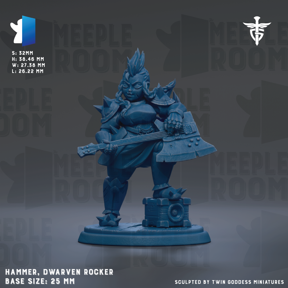 a figurine of a dwarf rocker, a type of dwarf warrior, holding a guitar and standing on a base. The figurine is described as a hammer, dwarven rocker, and base size: 25mm. The background of the image is a dark gray color, and there is text that reads "MEEPLE ROOM" repeated multiple times throughout the image.