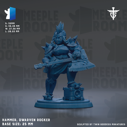 a figurine of a dwarf rocker, a type of dwarf warrior, holding a guitar and standing on a base. The figurine is described as a hammer, dwarven rocker, and base size: 25mm. The background of the image is a dark gray color, and there is text that reads "MEEPLE ROOM" repeated multiple times throughout the image.