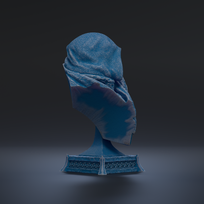 A blue, textured object is displayed on a pedestal against a dark background.