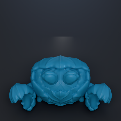 A blue, abstract, and stylized crab-like figure with large eyes and a prominent nose is depicted against a dark background.