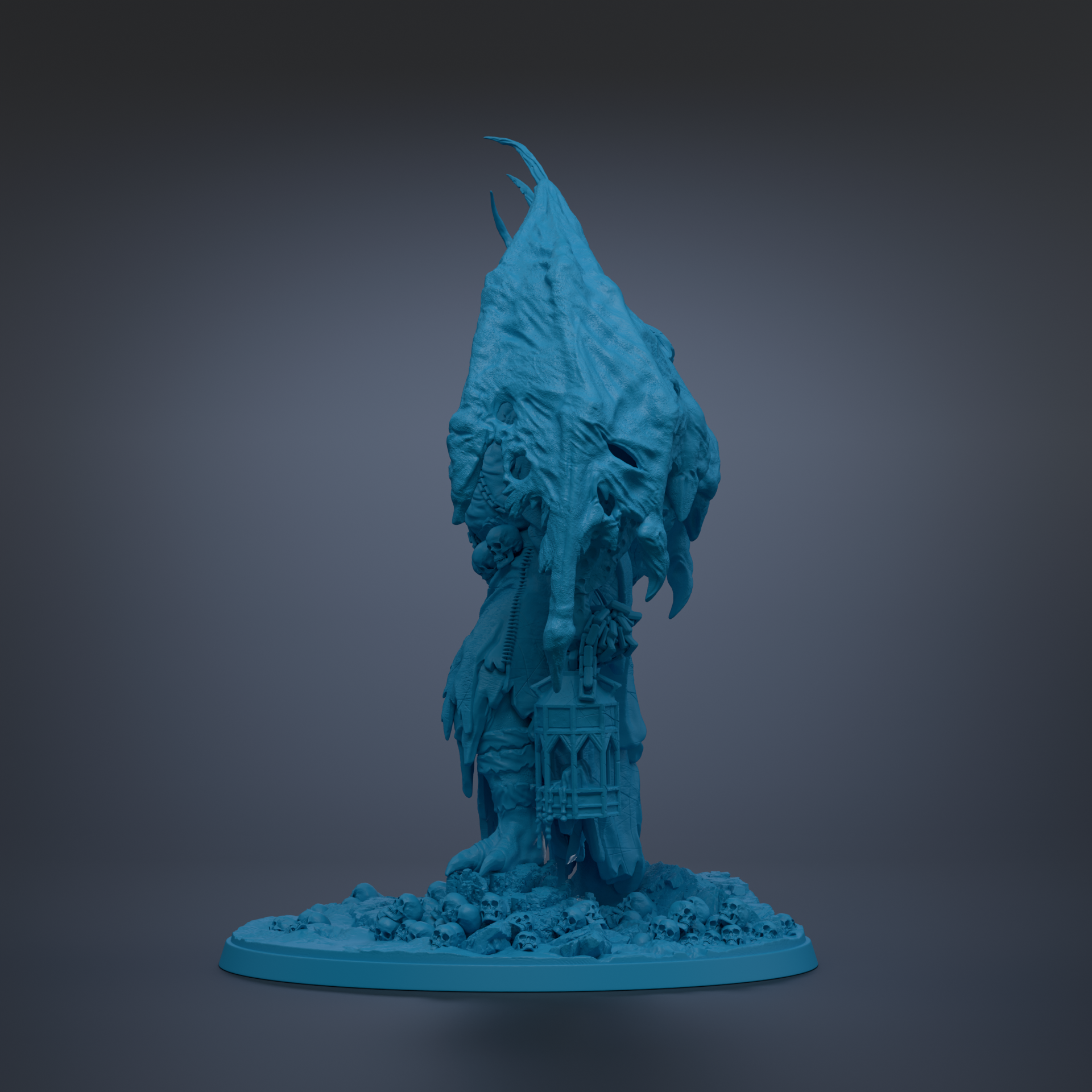 A dark blue, 3D-rendered sculpture of a fantastical creature with sharp, pointed features stands on a base with a skull-like design.