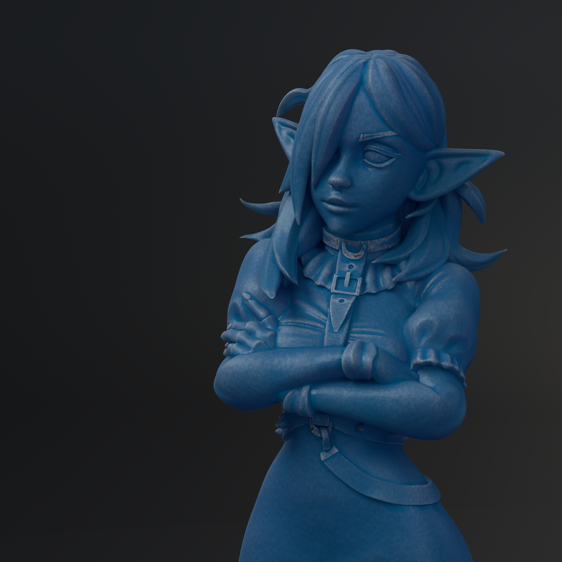A blue, 3D-rendered female character with long hair and a pensive expression, standing with her arms crossed.
