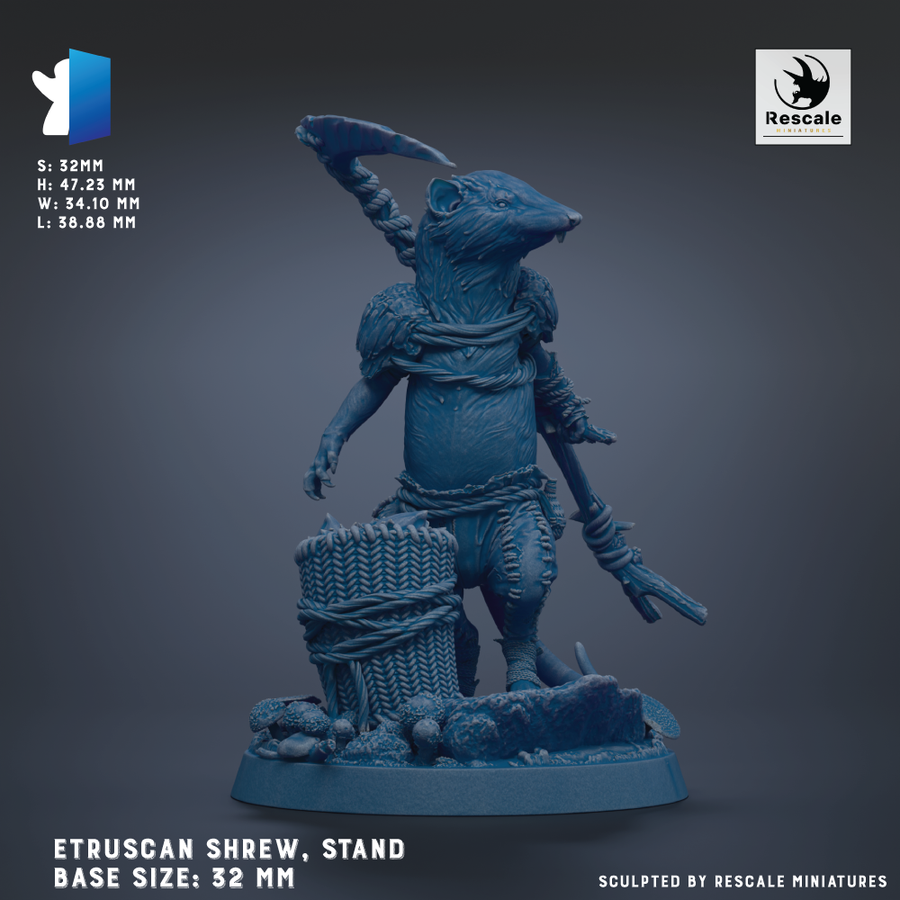 The image is a 3D rendering of a figurine of a mouse-like creature, possibly a mouse or a rat, standing on a base. The figurine is depicted in a blue color, and it is shown in a standing position. The base of the figurine is described as 32 mm in size. The image is a 3D model of the figurine, and it is presented in a realistic style.
