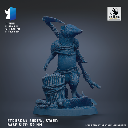 The image is a 3D rendering of a figurine of a mouse-like creature, possibly a mouse or a rat, standing on a base. The figurine is depicted in a blue color, and it is shown in a standing position. The base of the figurine is described as 32 mm in size. The image is a 3D model of the figurine, and it is presented in a realistic style.