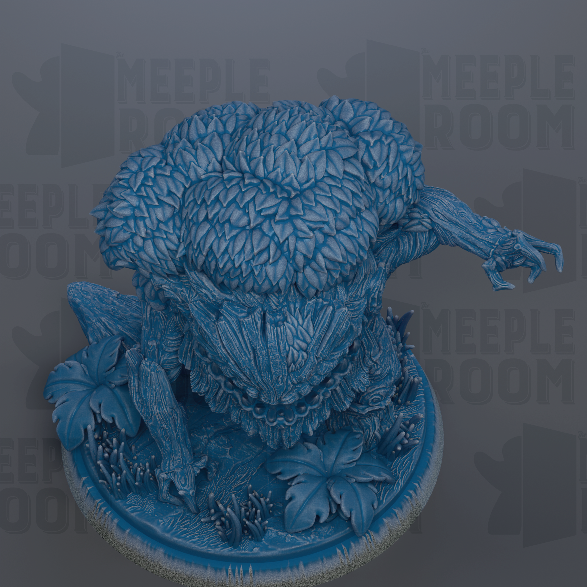 A detailed 3D rendering of a fantastical creature with intricate, textured patterns and features, including a large head, long neck, and extended arms.