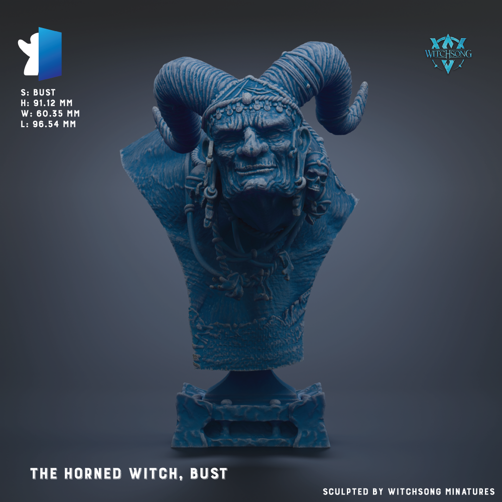 a bust of a horned witch, bust, and is a sculpted by Witchesong Miniatures.