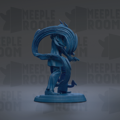 A blue figurine of a person with long hair, holding a weapon, is displayed against a dark background with repeated text.
