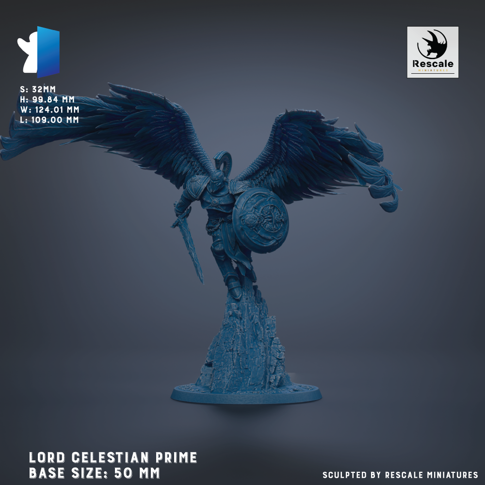 A 3D model of a winged warrior figure, likely a Lord Celestian Prime, with a shield and sword. The figure is depicted in a dynamic pose, with its wings spread wide. The base size of the figure is 50 millimeters. The image is a 3D rendering of the figure, and it is described as being sculpted by Rescue miniatures.
