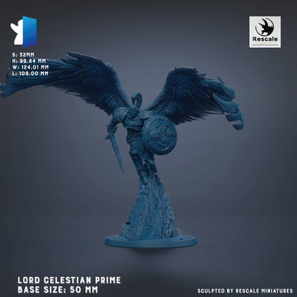 A 3D model of a winged warrior figure, likely a Lord Celestian Prime, with a shield and sword. The figure is depicted in a dynamic pose, with its wings spread wide. The base size of the figure is 50 millimeters. The image is a 3D rendering of the figure, and it is described as being sculpted by Rescue miniatures.