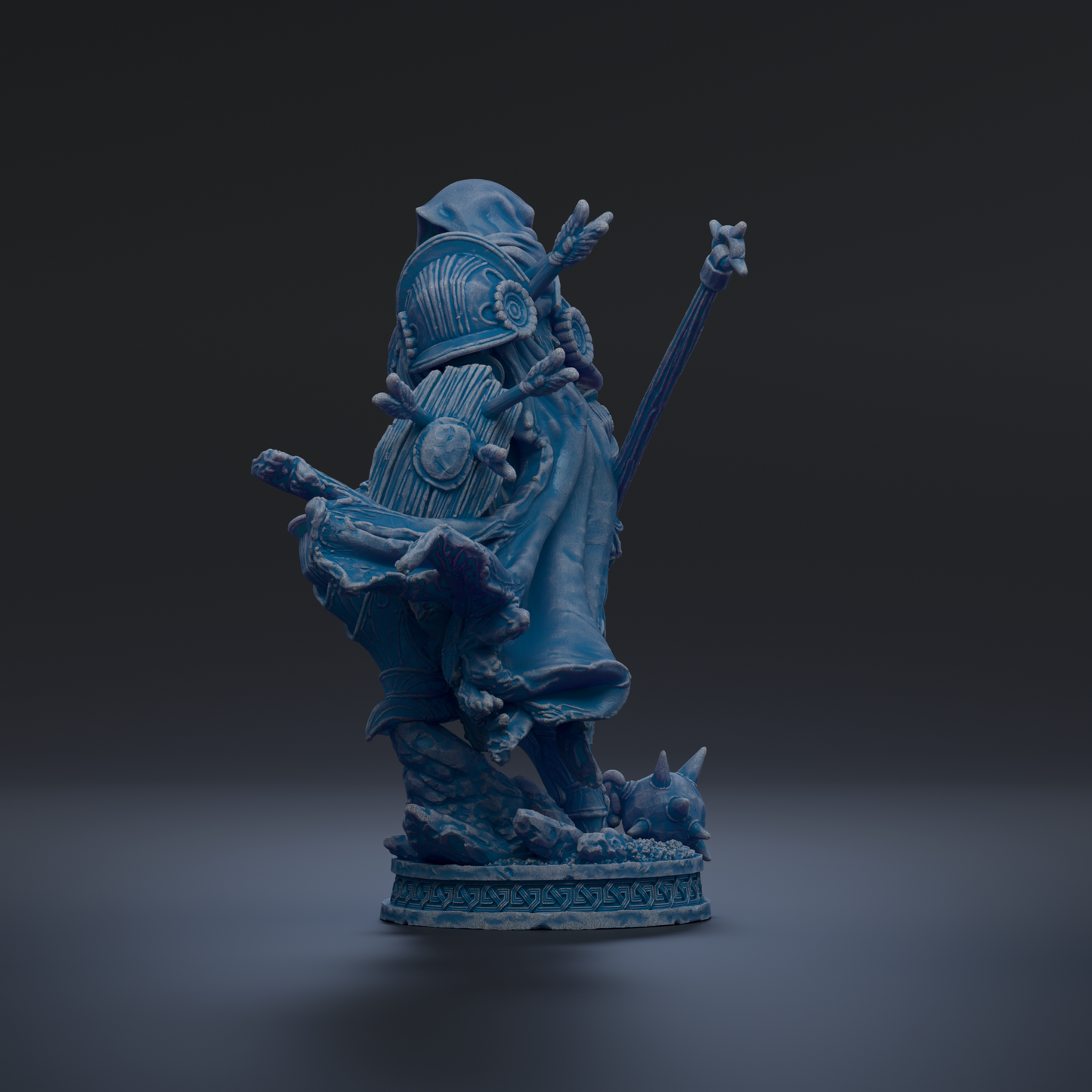 A blue, 3D-rendered statue of a figure with a pointed hat and a staff, standing on a base with a dragon-like creature on it.