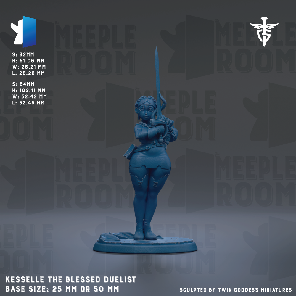 a blue figurine of a woman holding a sword, standing on a base. The figurine is described as "Keselle the Blessed duelist" and has a base size of either 25mm or 50mm. The background of the image is a dark gray color with the words "MEEPLE ROOM" repeated multiple times.