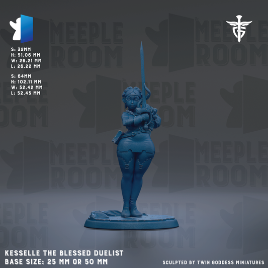 a blue figurine of a woman holding a sword, standing on a base. The figurine is described as "Keselle the Blessed duelist" and has a base size of either 25mm or 50mm. The background of the image is a dark gray color with the words "MEEPLE ROOM" repeated multiple times.