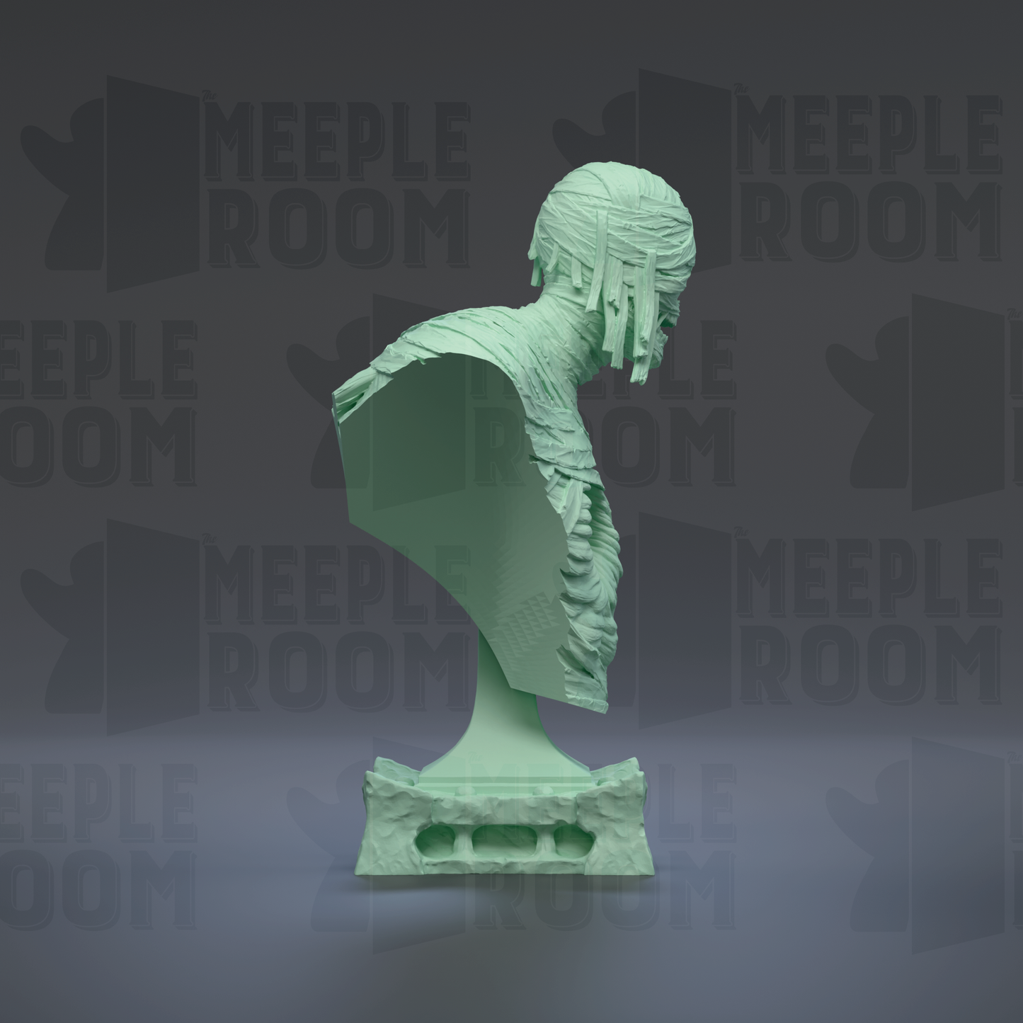 A green bust sculpture is displayed against a dark background with the text "MEUPLE ROOM" repeated multiple times.