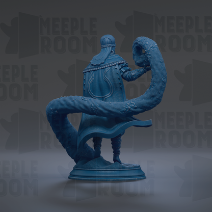 A blue statue of a person with a long, curled tail, standing on a pedestal.
