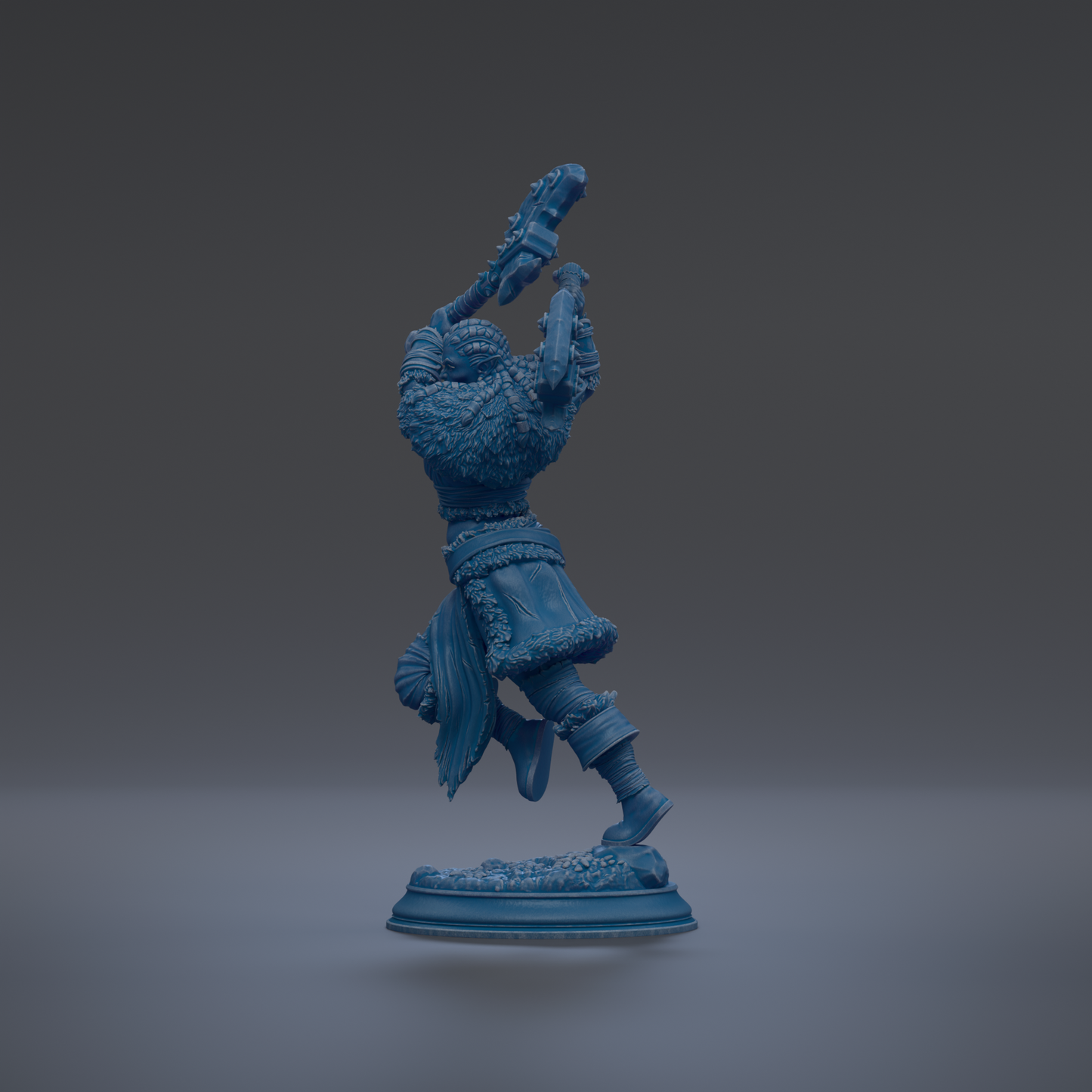 A blue figurine of a person standing on one leg, holding a weapon in their other hand, against a dark background.
