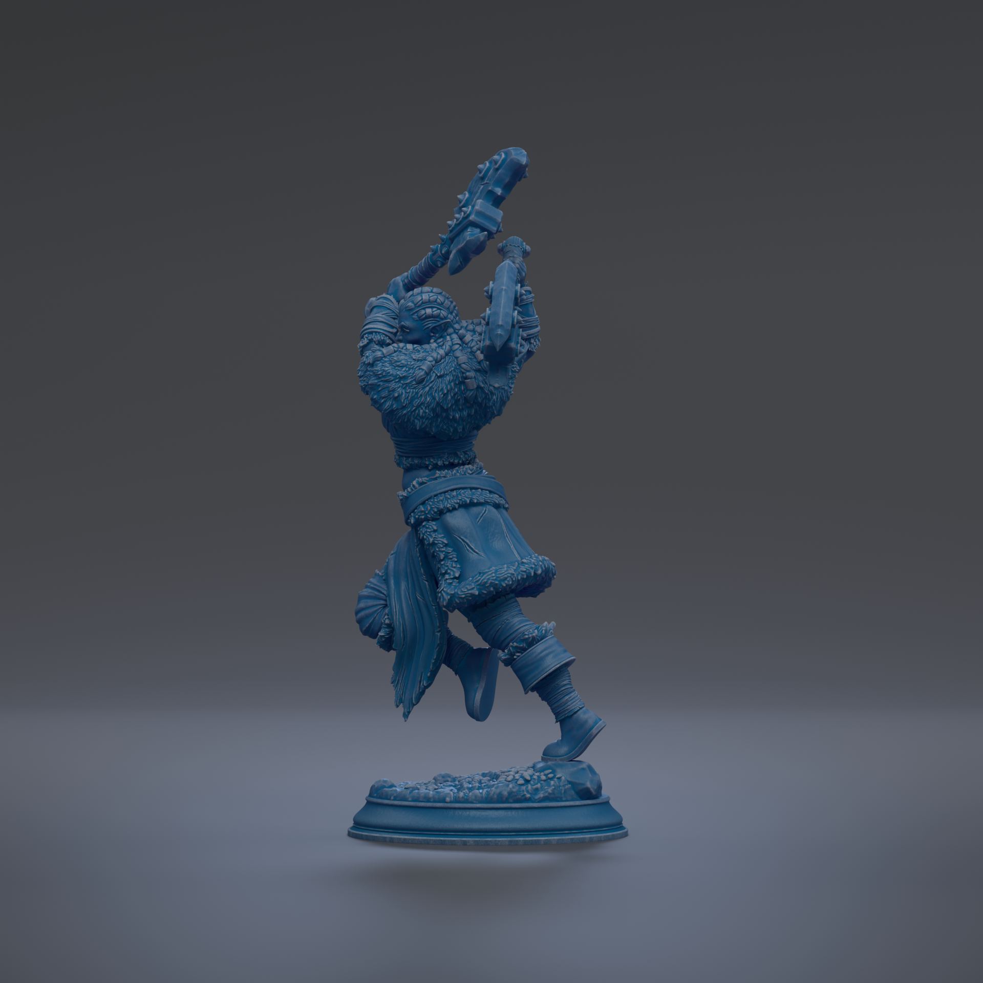 A blue figurine of a person standing on one leg, holding a weapon in their other hand, against a dark background.