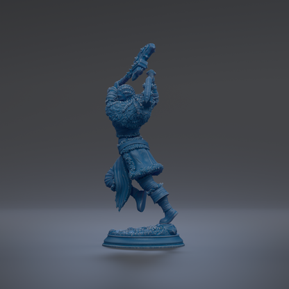 A blue figurine of a person standing on one leg, holding a weapon in their other hand, against a dark background.