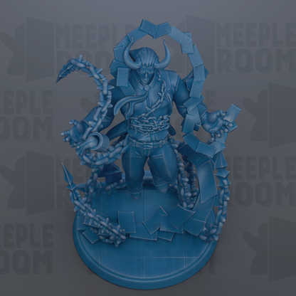 A 3D rendering of a blue, fantastical creature with horns and a chain-like structure around its neck, standing on a platform.