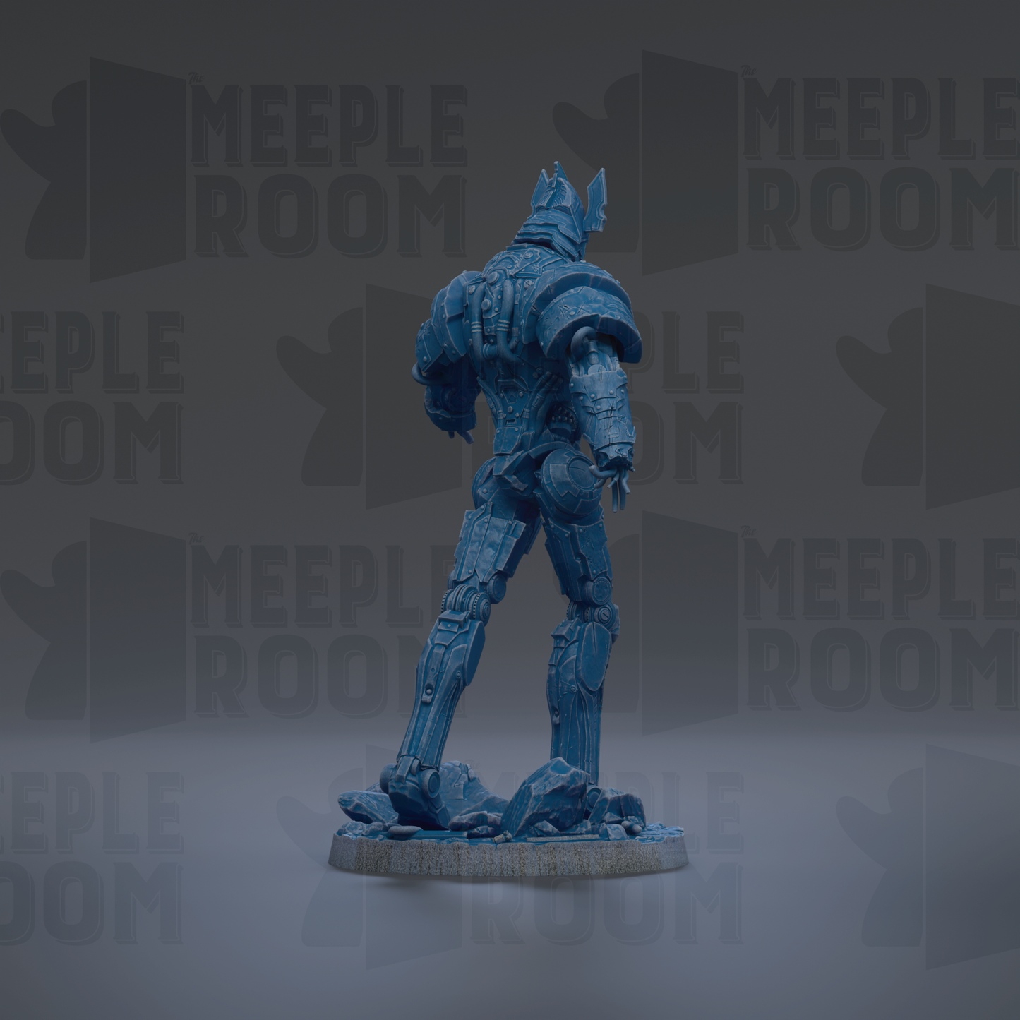 A blue, mechanical robot figure stands in the center of the image against a dark background with repeated "MEIPLLE ROOM" text.