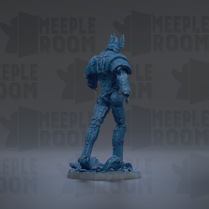 A blue, mechanical robot figure stands in the center of the image against a dark background with repeated "MEIPLLE ROOM" text.