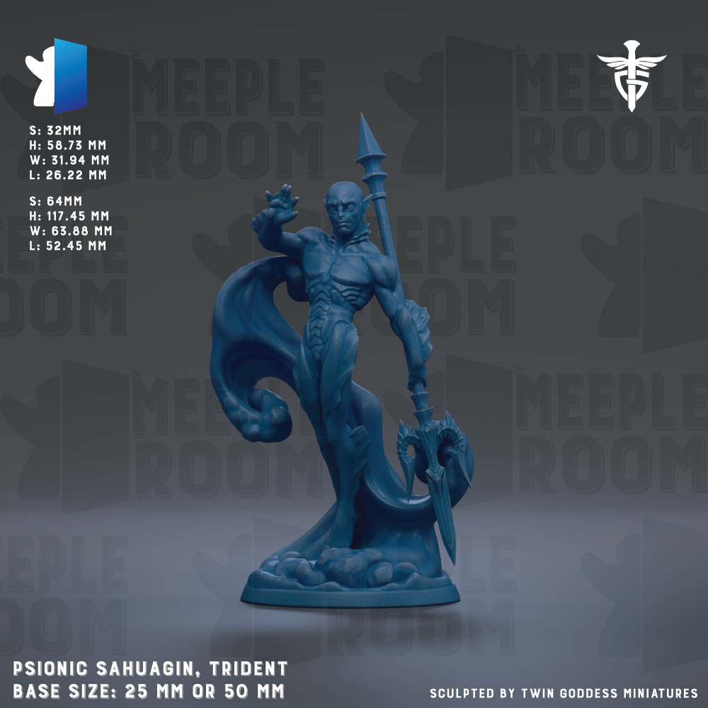 a blue figurine of a muscular, winged figure holding a spear and sword, standing on a base. The figurine is described as a PSIONIC SAHUAGIN, TRIDENT, and is shown in various sizes, including 25mm and 50mm. The image is a collage of multiple images, and the phrase "Sculpted by TWIN GODESS MINIATURES" is mentioned at the bottom.