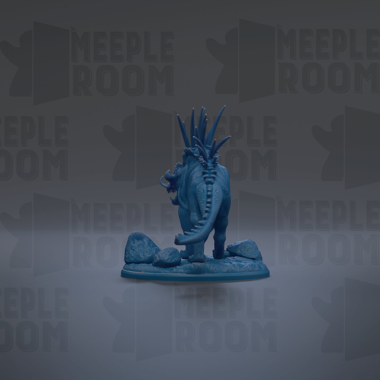 A blue dinosaur figurine is standing on a rock formation against a dark background with repeated text.