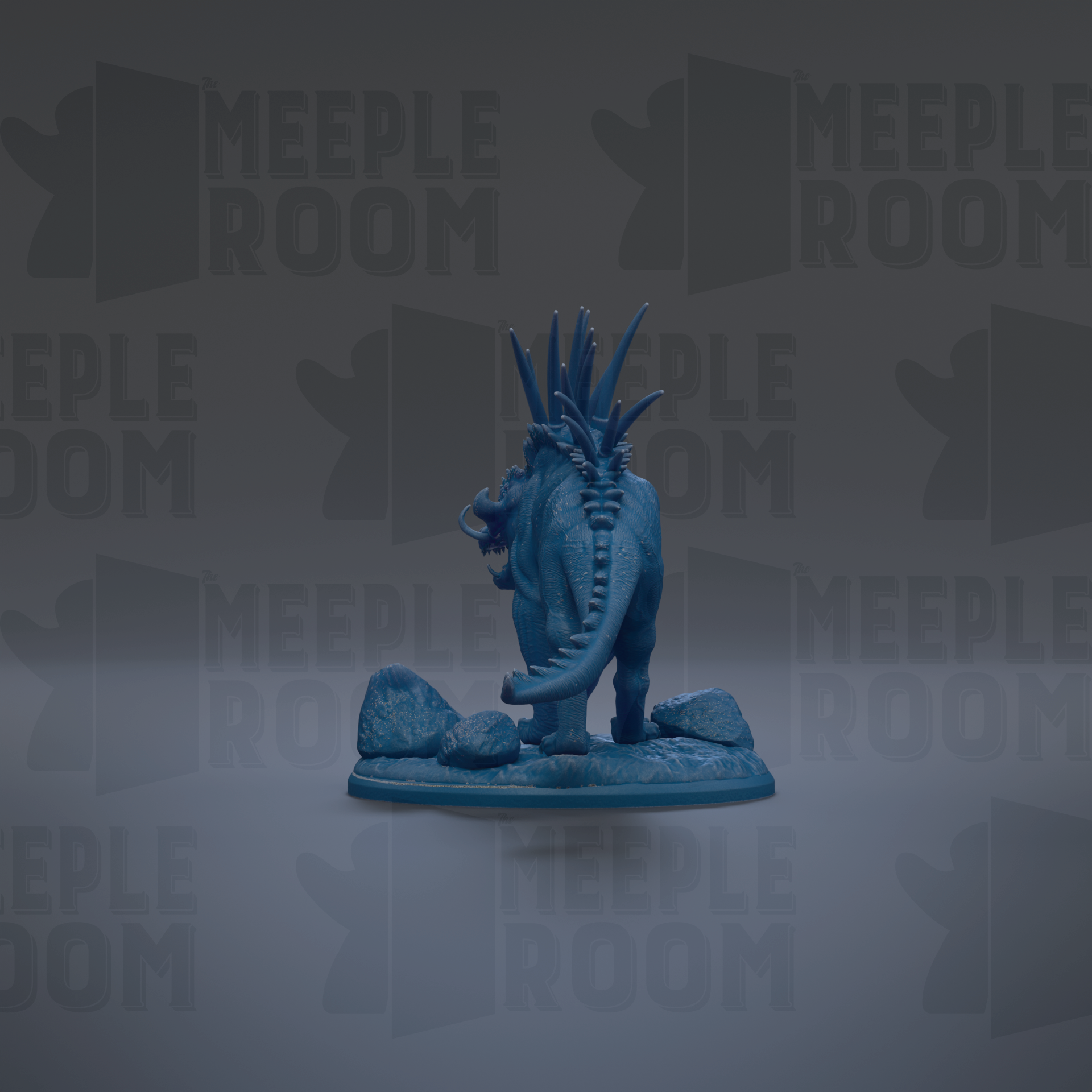 A blue dinosaur figurine is standing on a rock formation against a dark background with repeated text.