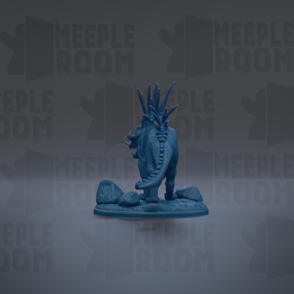 A blue dinosaur figurine is standing on a rock formation against a dark background with repeated text.