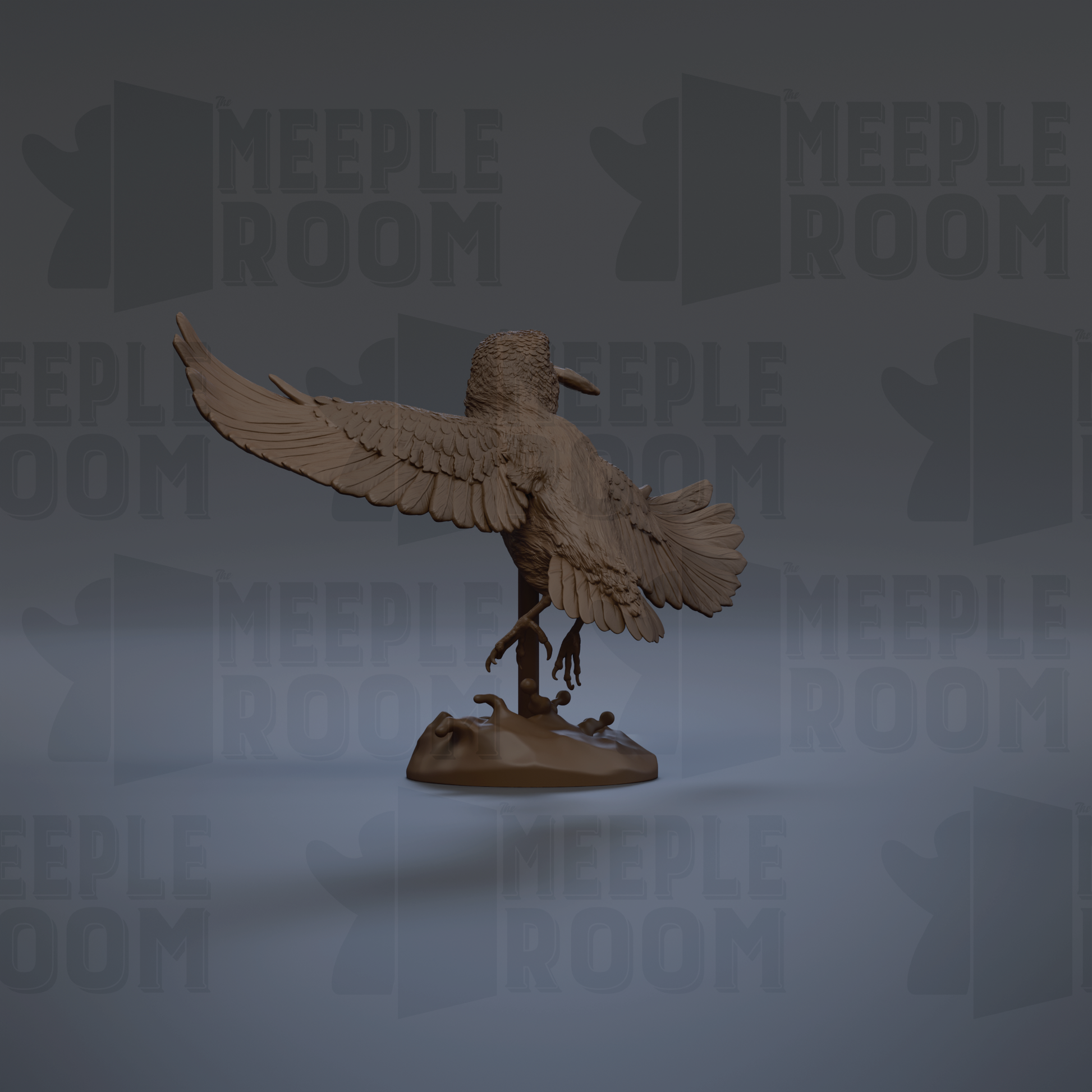 A 3D rendering of a bird statue with outstretched wings, standing on a base.