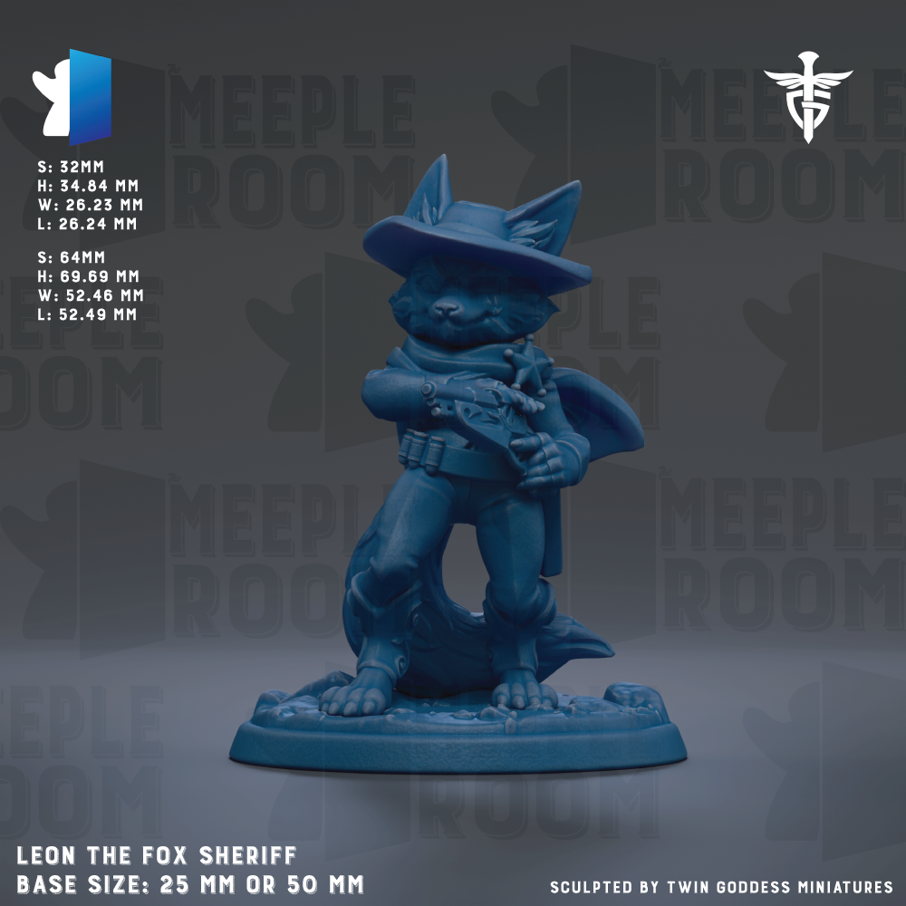 The image is a figurine of a fox, likely a sheriff, in a blue color. The fox is depicted in a dynamic pose, holding a gun and standing on a base. The figurine is set against a dark background with the text "MEEPLE ROOM" repeated multiple times. The image also includes some text providing information about the figurine, such as its size and base.