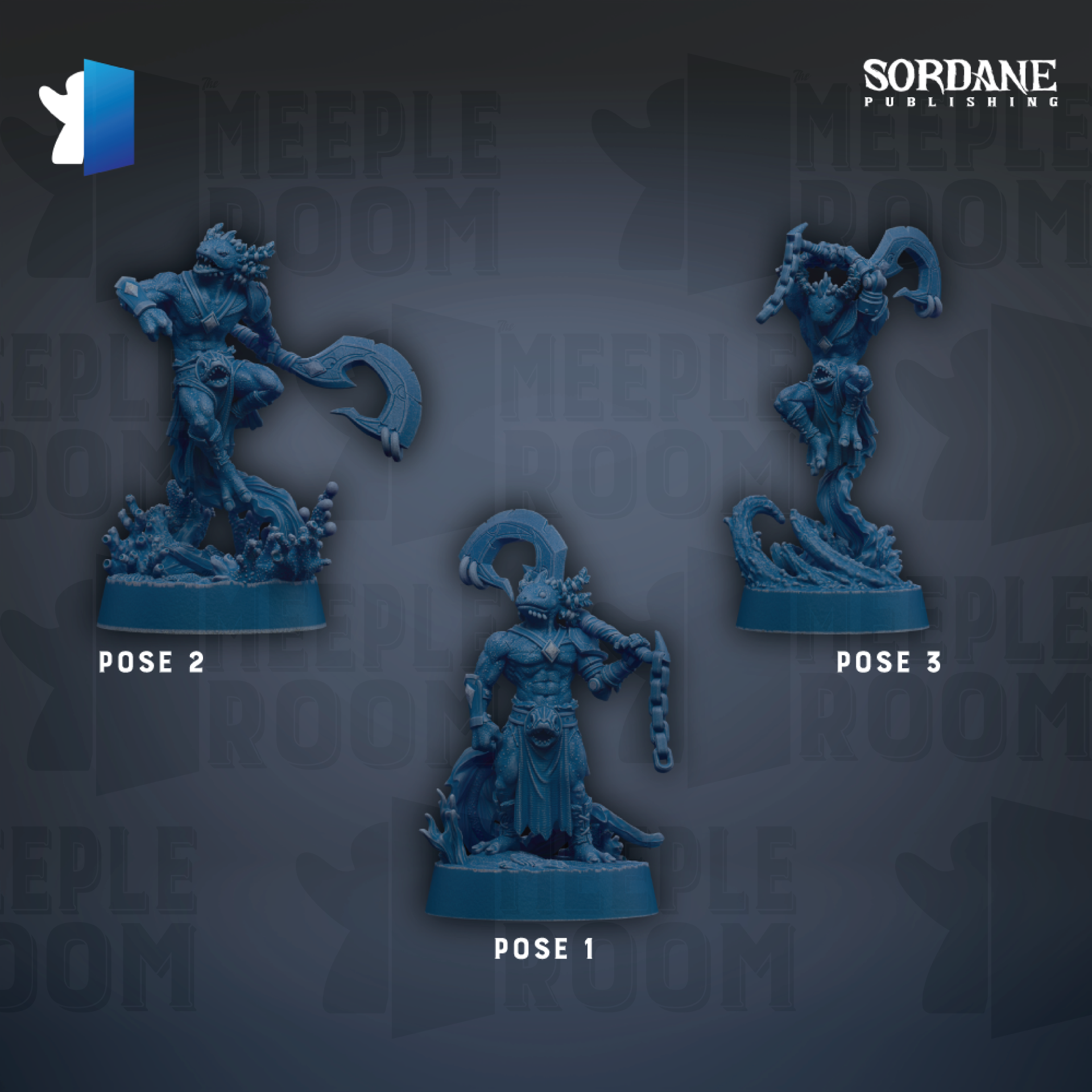 three blue figurines of fantastical creatures, each with unique poses and accessories, arranged against a dark background with repeated text.