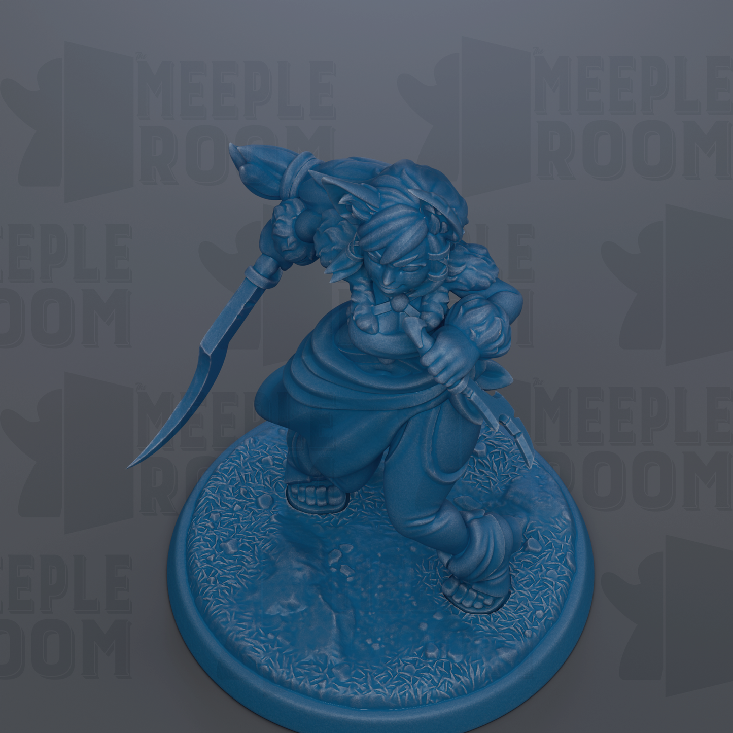 A blue figurine of a character with a sword and shield, standing on a circular base.