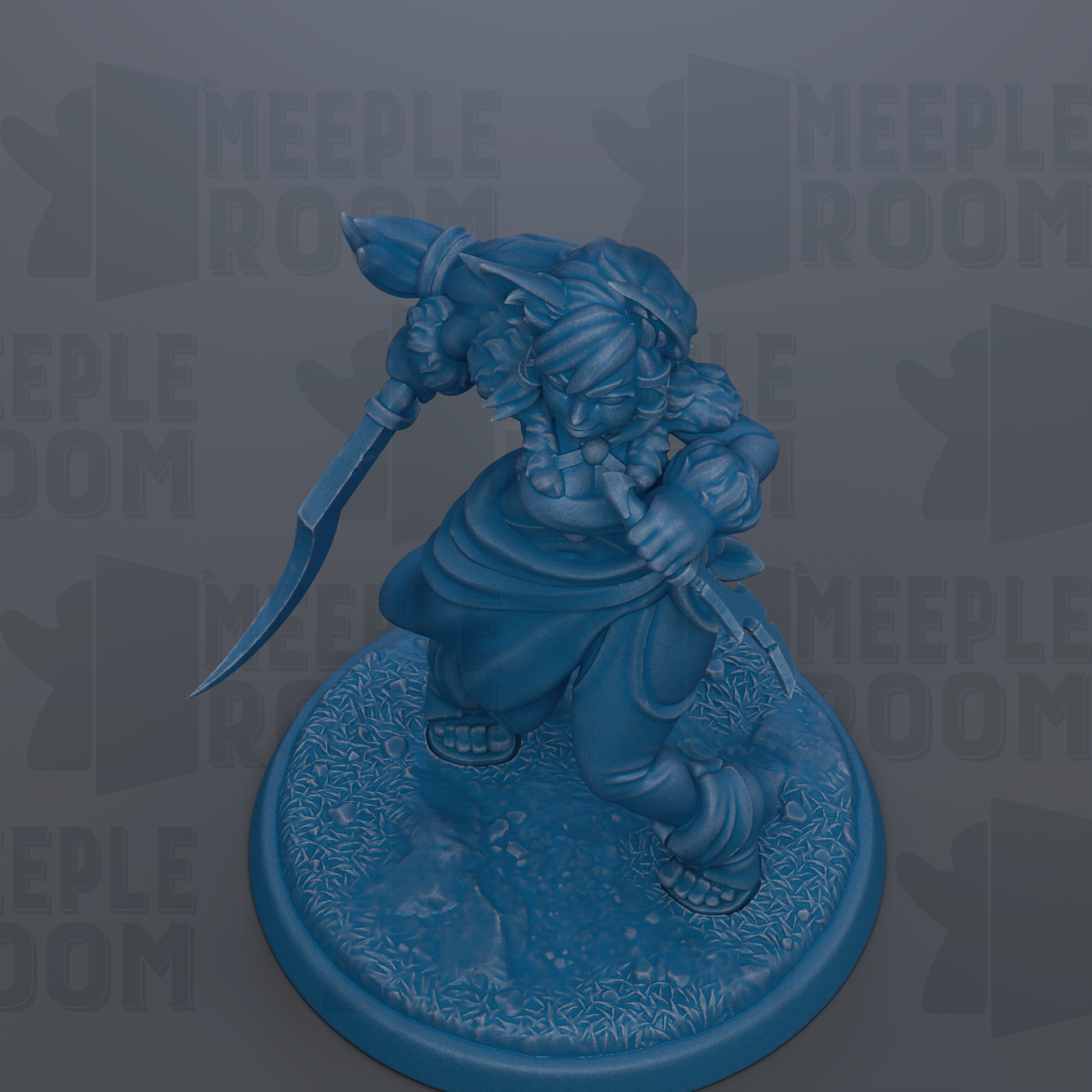 A blue figurine of a character with a sword and shield, standing on a circular base.