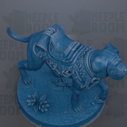 A blue statue of a dog with a saddle and decorative elements on a circular base.