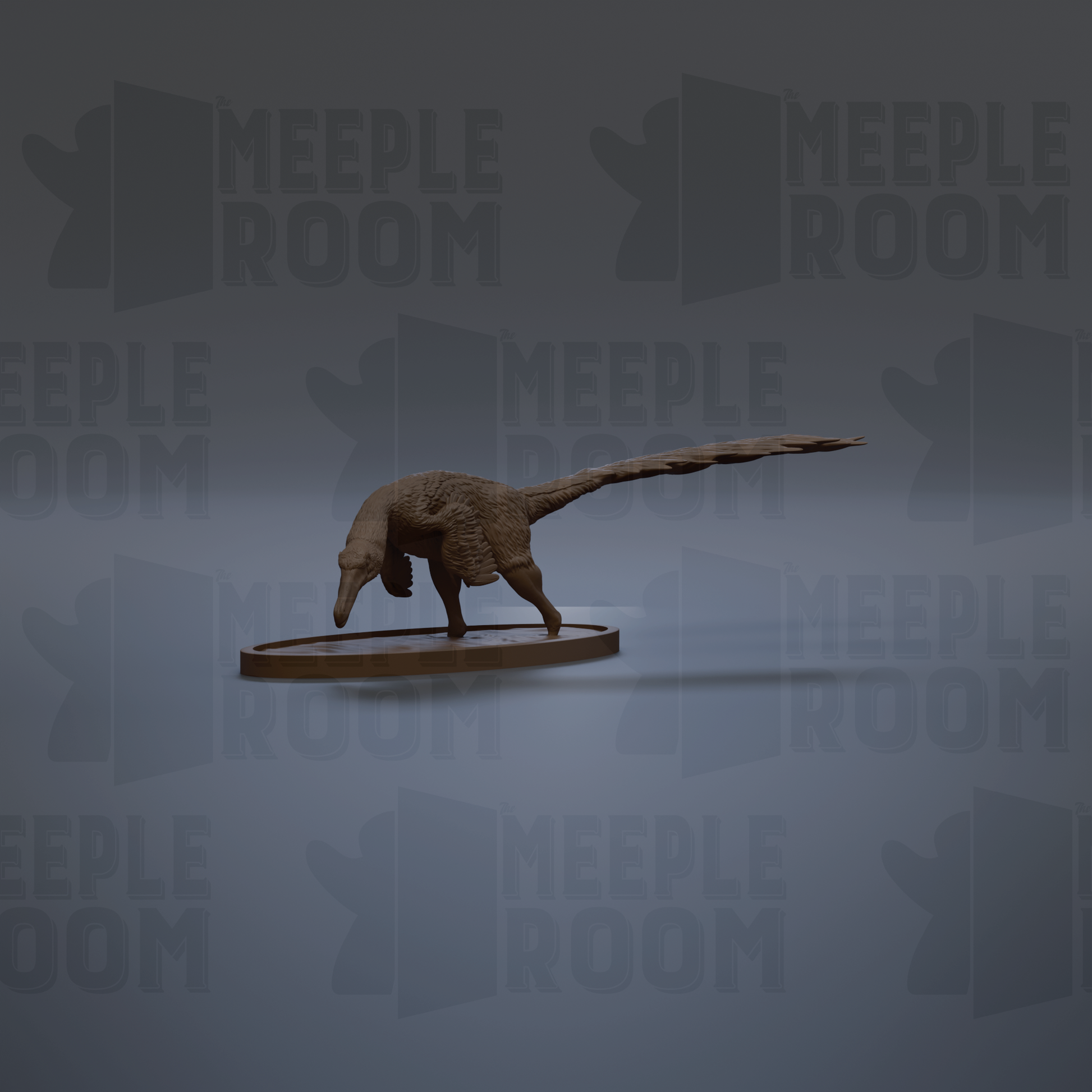 A 3D rendering of a dinosaur-like creature with a long tail, standing on a circular platform against a dark background with repeated text.