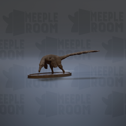 A 3D rendering of a dinosaur-like creature with a long tail, standing on a circular platform against a dark background with repeated text.