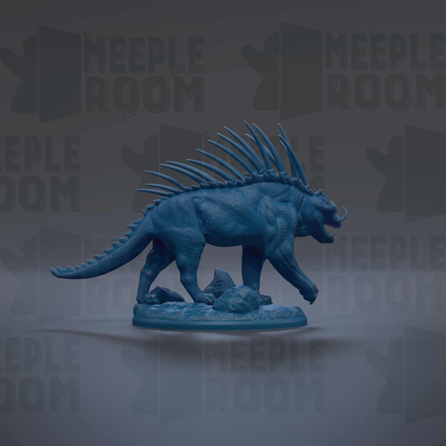 A blue, spiky toy dinosaur figurine is displayed against a dark background with repeated text.