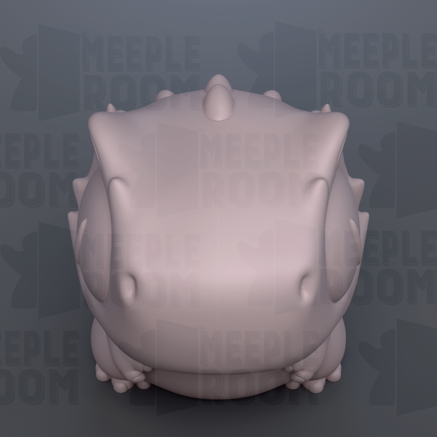 A 3D rendering of a white, abstract shape resembling a skull or a dragon-like creature, with the text "MEEPLE ROOM" repeated in the background.