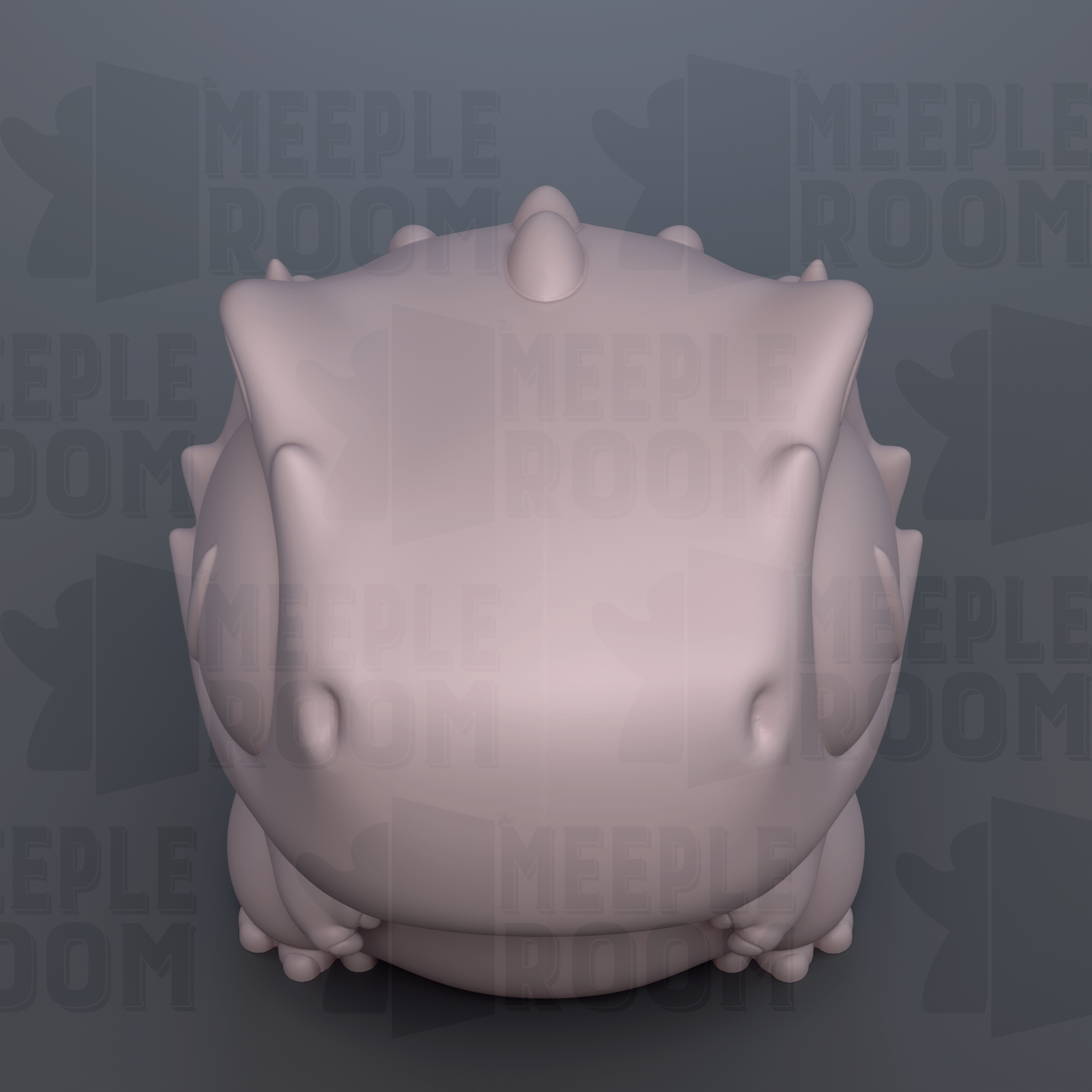 A 3D rendering of a white, abstract shape resembling a skull or a dragon-like creature, with the text "MEEPLE ROOM" repeated in the background.