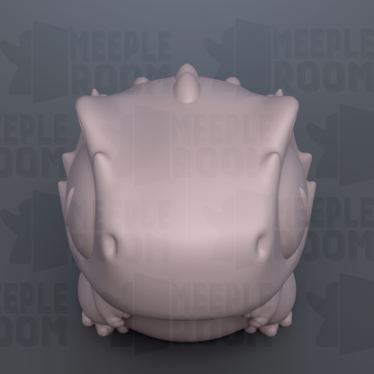 A 3D rendering of a white, abstract shape resembling a skull or a dragon-like creature, with the text "MEEPLE ROOM" repeated in the background.