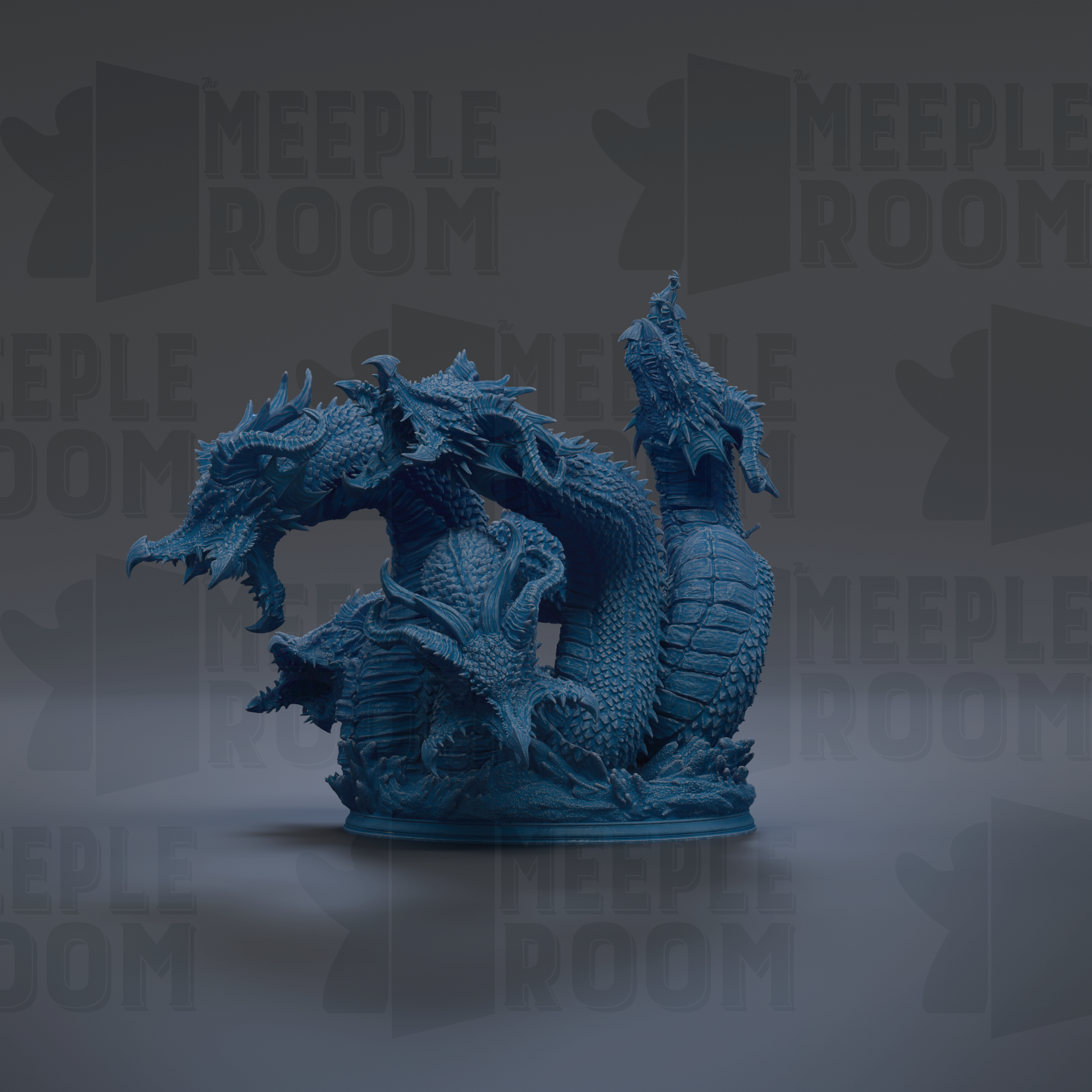 A 3D rendering of a blue dragon statue, with intricate details and a realistic appearance.
