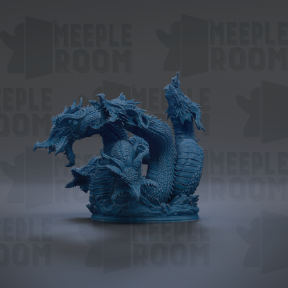 A 3D rendering of a blue dragon statue, with intricate details and a realistic appearance.