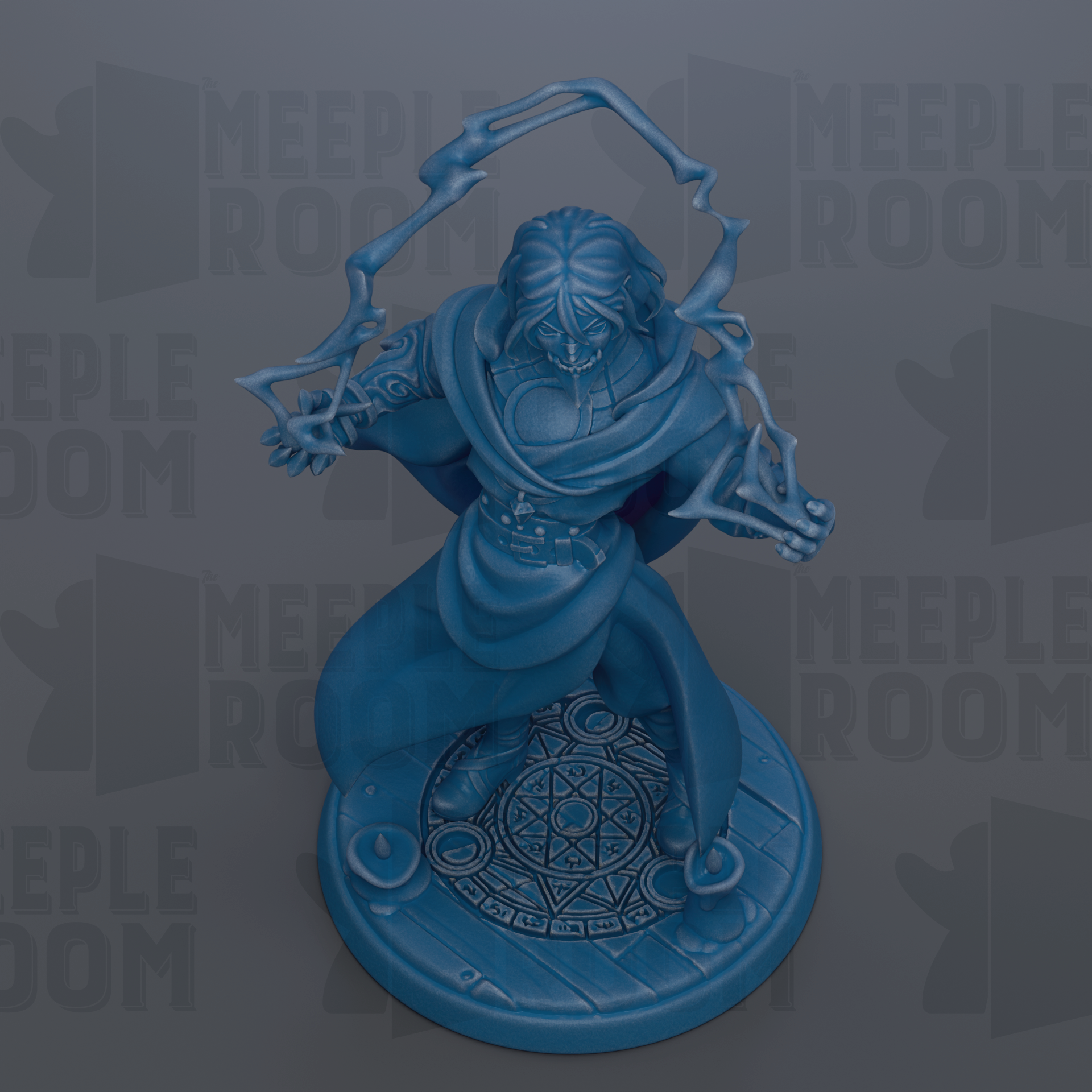 A blue figurine of a person with a sword and shield, standing on a circular base with a geometric pattern.