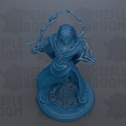 A blue figurine of a person with a sword and shield, standing on a circular base with a geometric pattern.