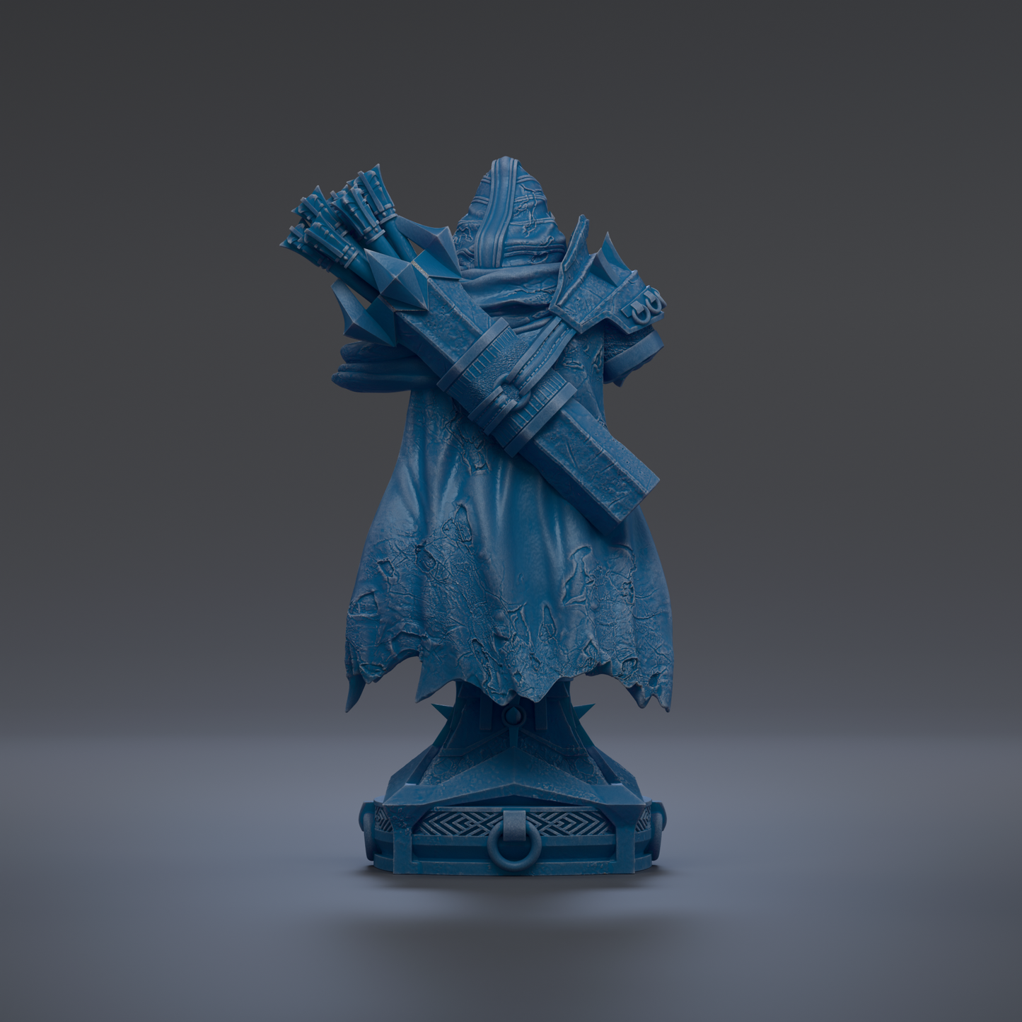 A blue statue of a figure holding a sword and shield stands on a pedestal against a dark background.